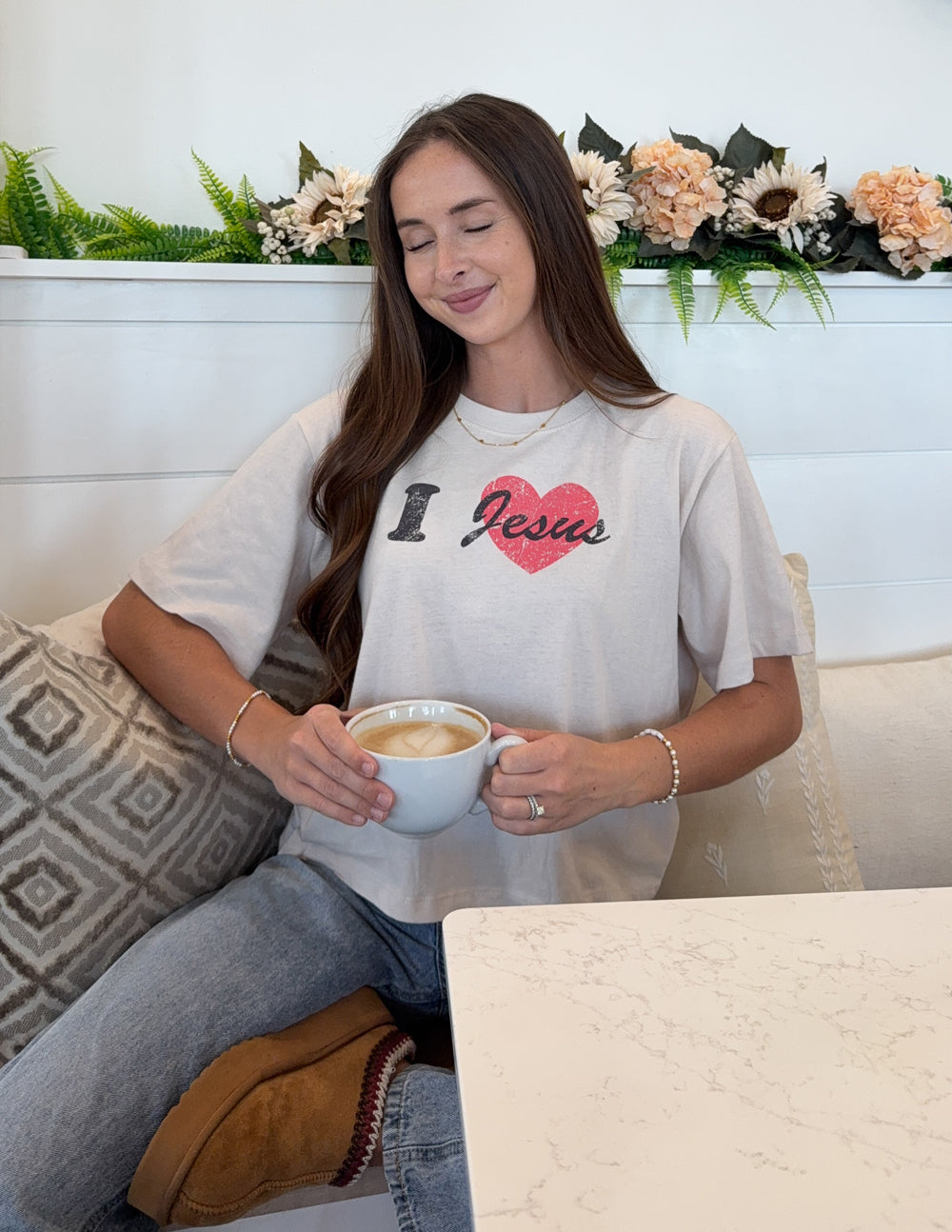 I Love Jesus Cropped Women's Tee - Off-White & Red Graphic Top