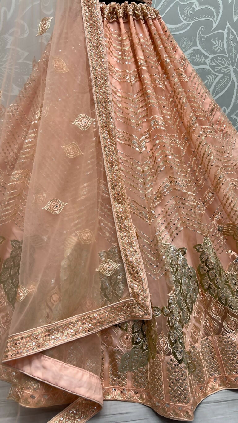Peach Bridal Net Lehenga Choli with Foil, Sequins and Multi Thread Work
