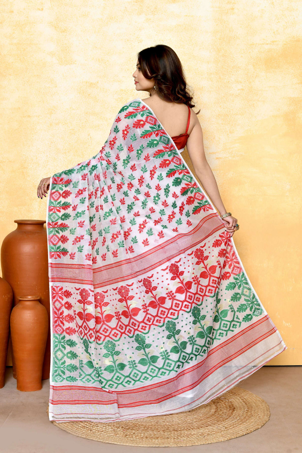 White Embellished Cotton Blend Jamdani Saree for Women