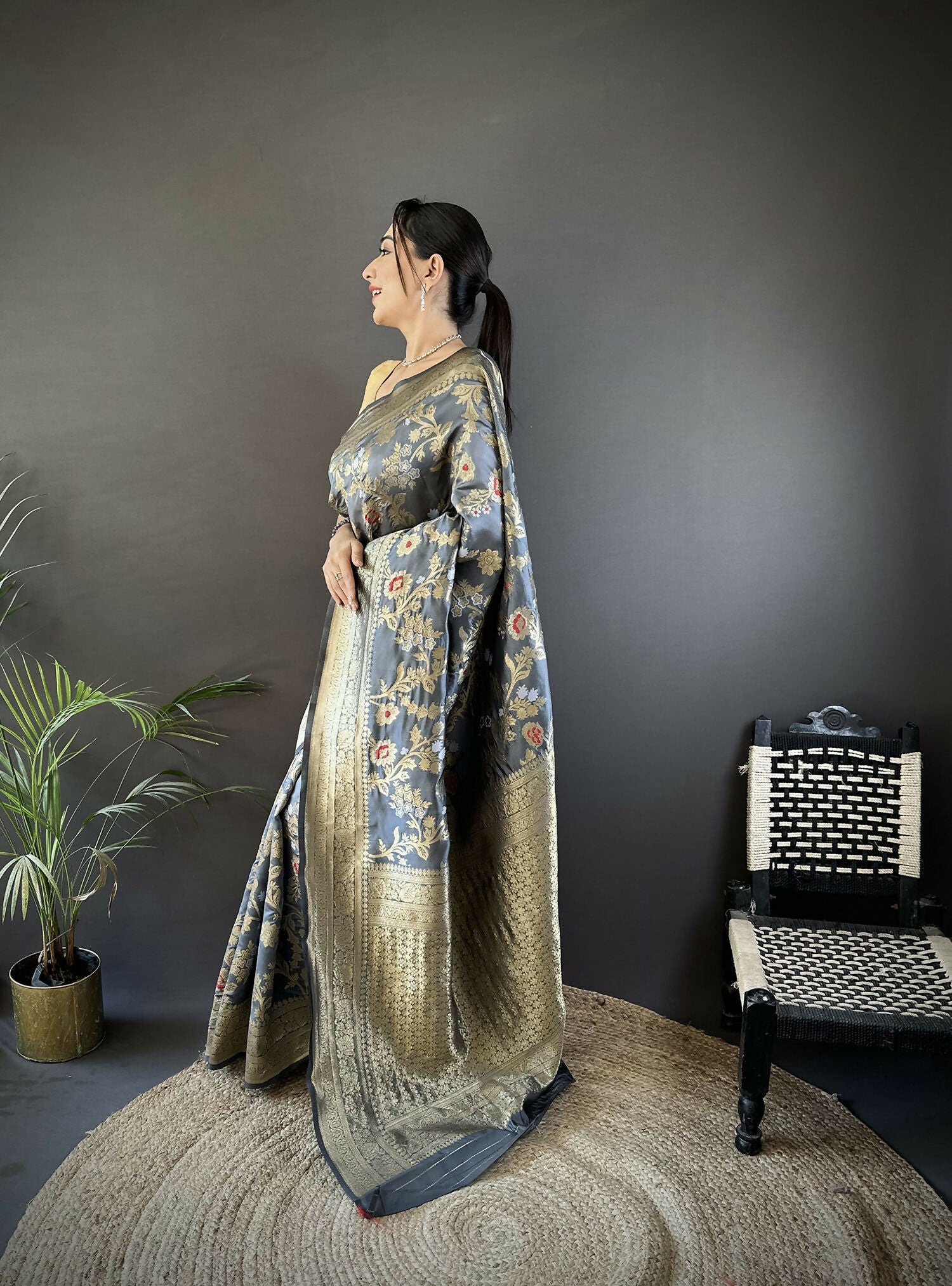 Grey Soft Silk Meenakari Banarasi Saree with Floral Motifs