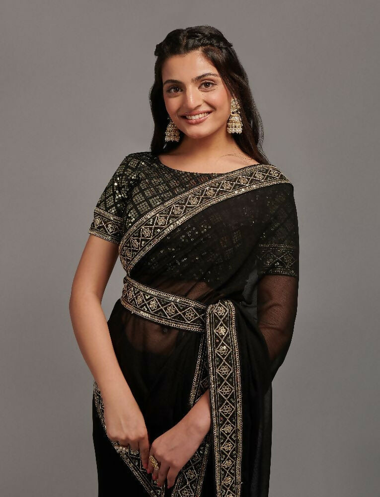 Black Zometo Embroidered Lace Saree with Matching Blouse