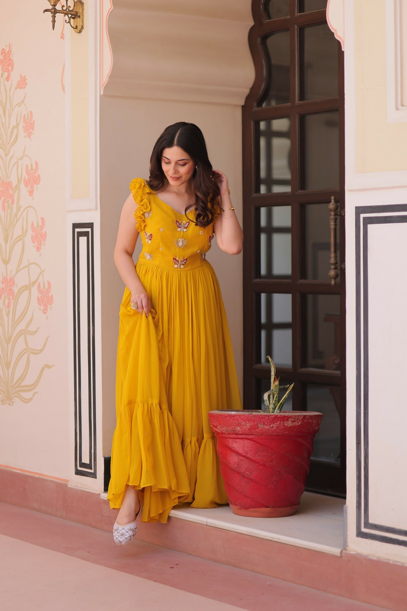 Yellow Georgette Gown with Shimmering Sequence Embroidery