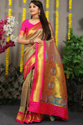 Grey Banarasi silk saree with zari work and contrasting pink blouse