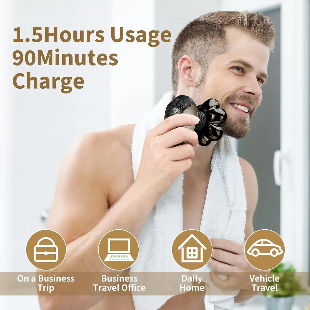 Detachable Head Shavers, SHPAVVER 5-in-1 Electric Razor IPX7 Waterproof for Bald Men, Wet/Dry LED Display Rechargeable 7D Rotary Shaver Grooming Kit with Type-C Charge (A) Brown