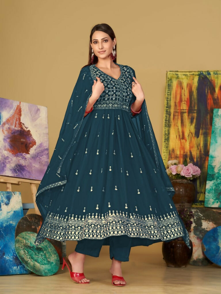 Rama Georgette Embroidered Anarkali Kurta Pant Set with Dupatta
