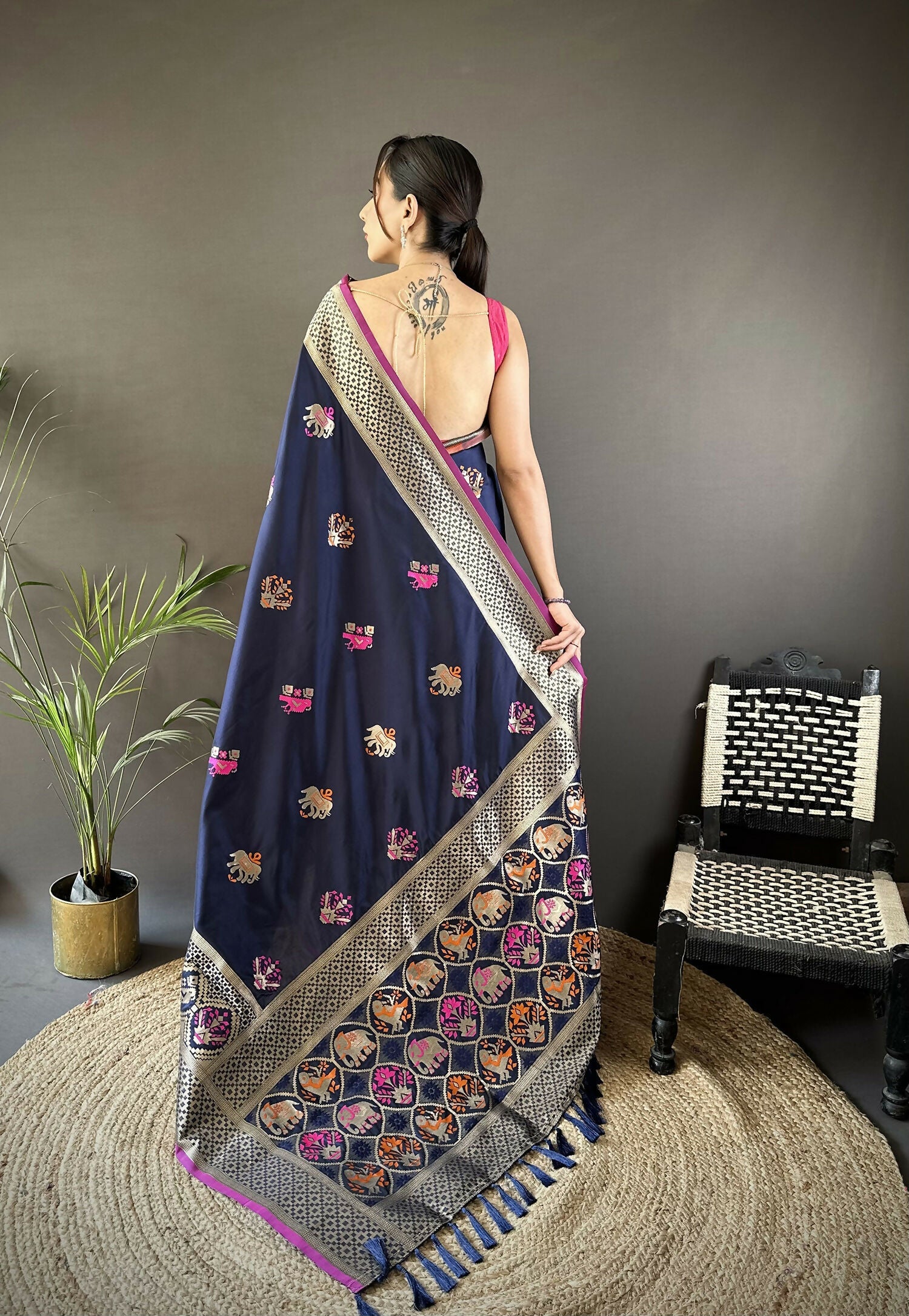 Navy Blue Elephant & Floral Motif Soft Lichi Silk Banarasi Saree