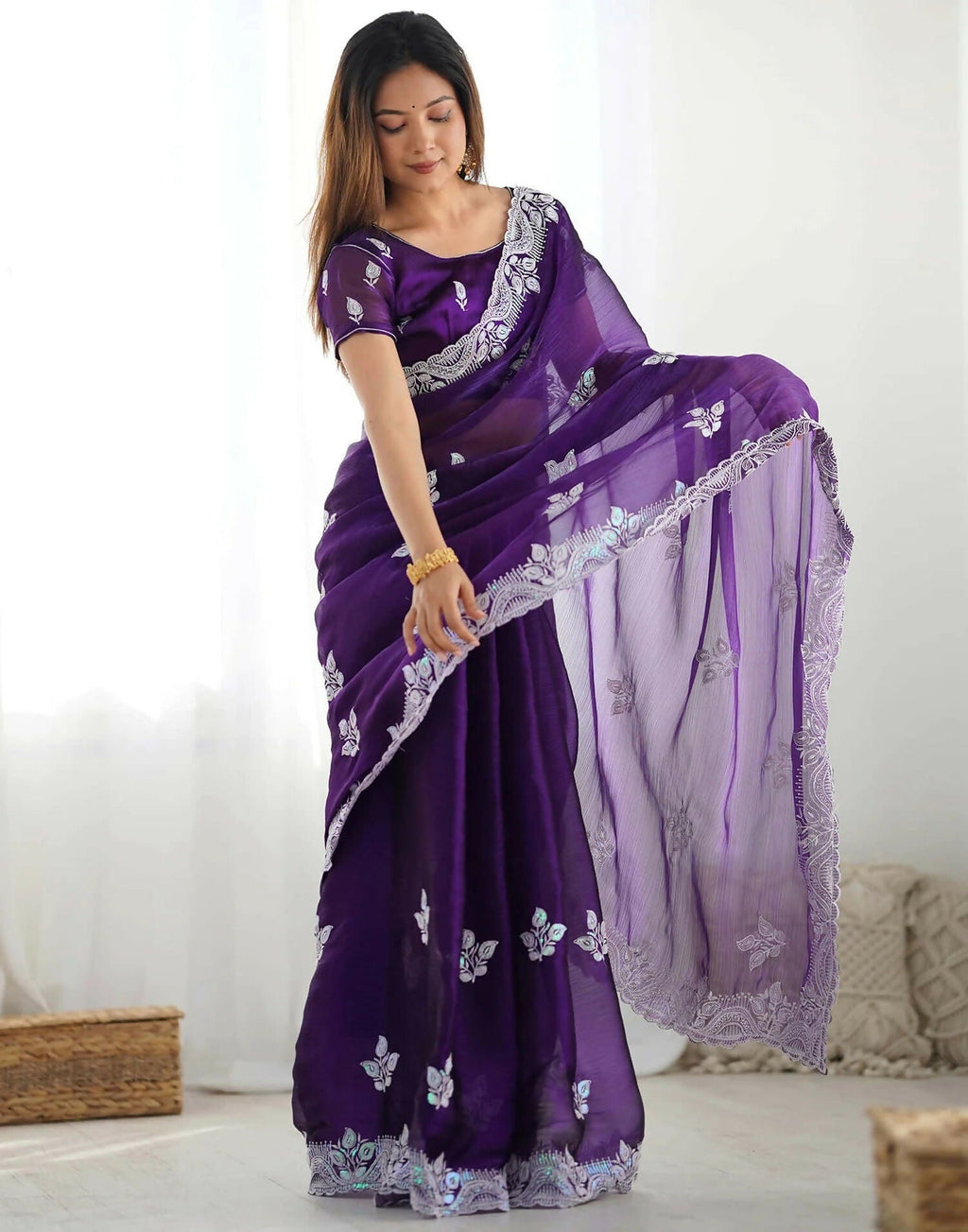 Pastel Purple Shimmer Chiffon Saree with Sequin Scalloped Border