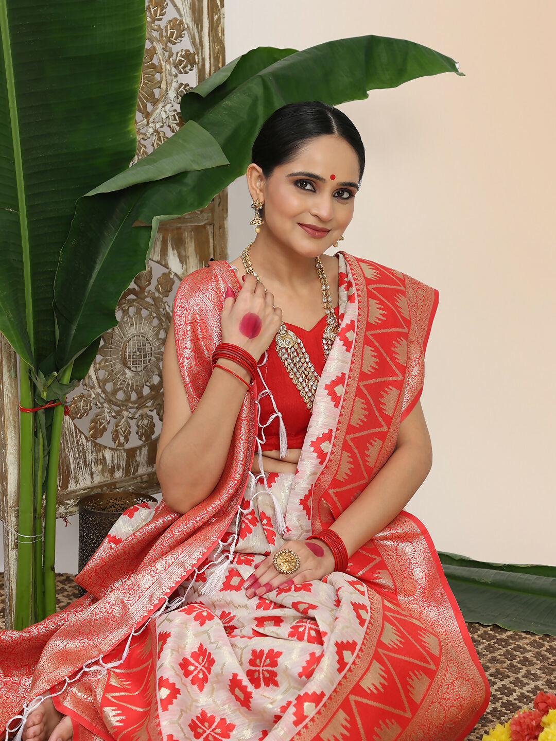 Red and White Linen Cotton Saree with Matching Blouse