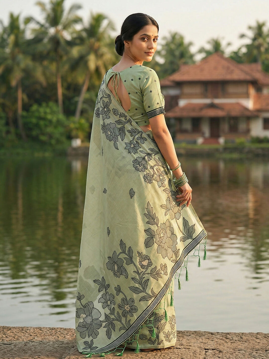 Light Green Linen Cotton Saree with Matching Blouse
