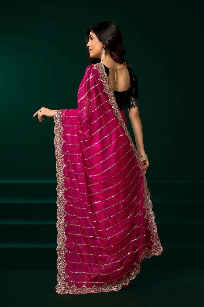 Rani Pink Net Party Wear Saree with Black Velvet Blouse