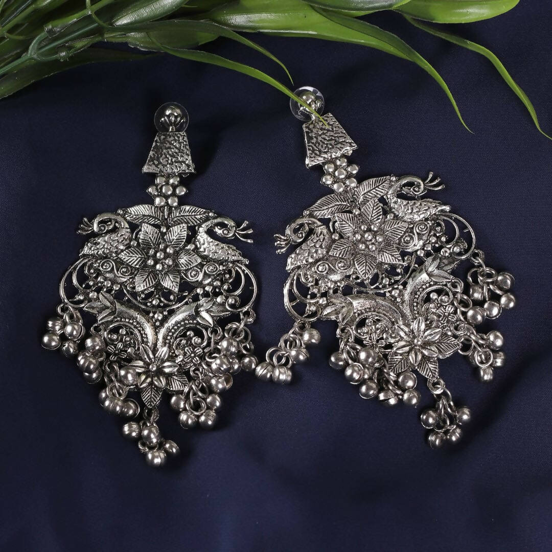 Silver-Plated Peacock Drop Earrings Oxidised Statement Jewelry