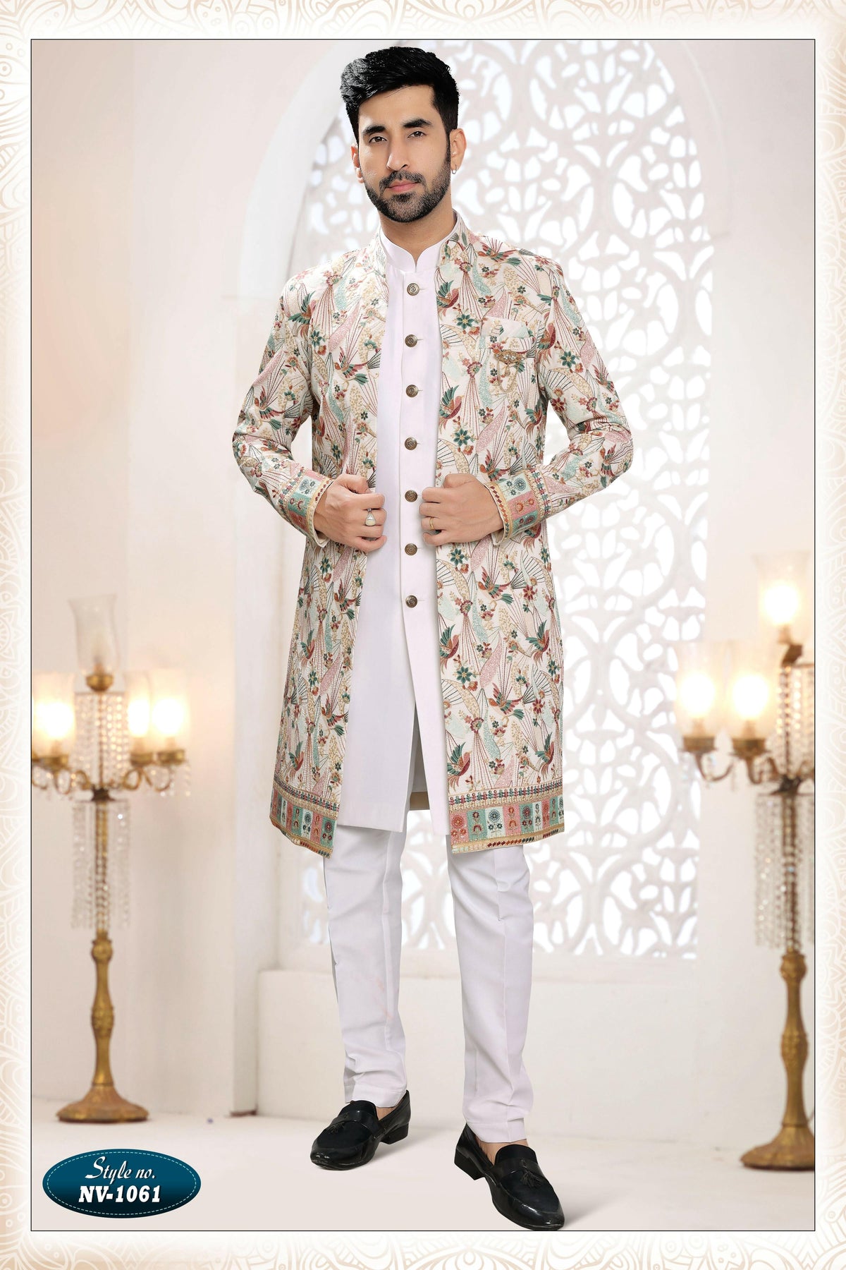 Men's white silk 3-piece kurta set with all-over thread and sequence embroidery