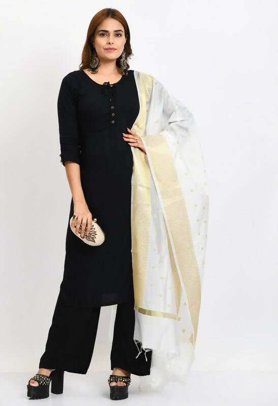 Women's White Banarsi Silk Dupatta with Gold Geometric Woven Design