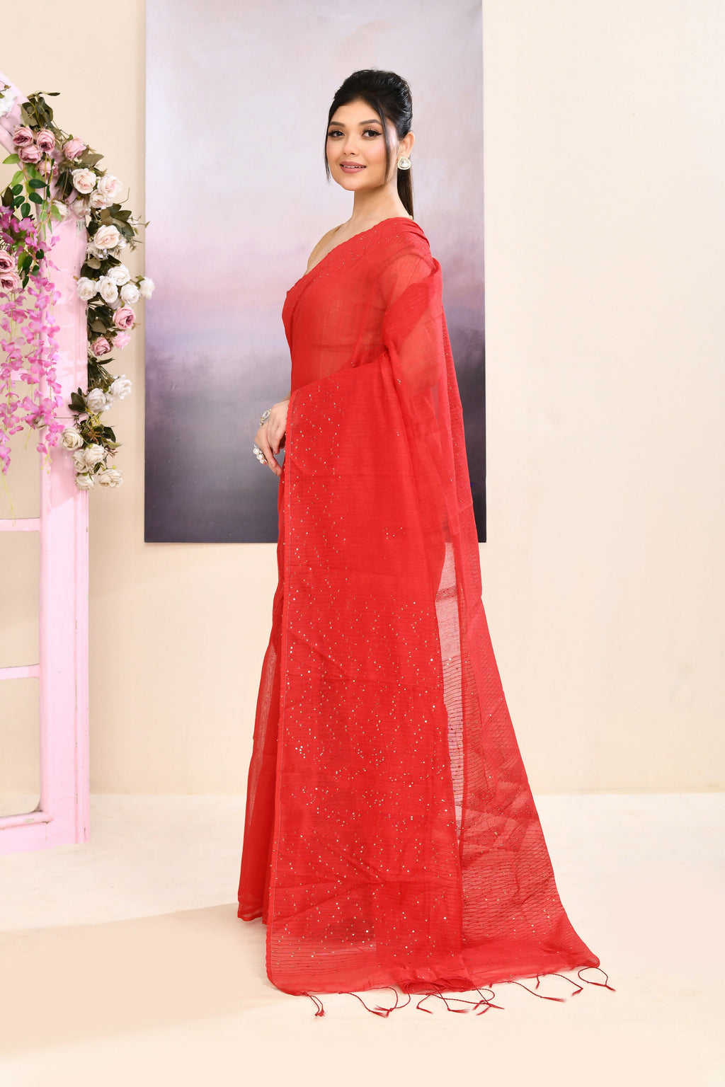 Red Self Sequins Embellished Jamdani Cotton Blend Saree