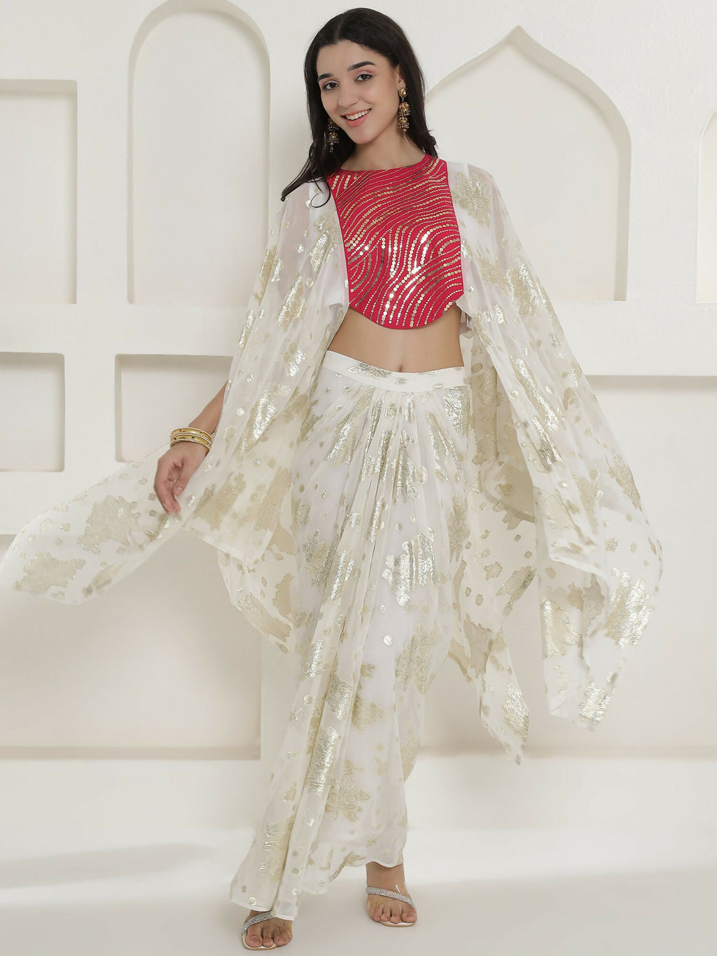 White & Pink Kaftaan with Skirt Set - Hand Embellished Chinnon
