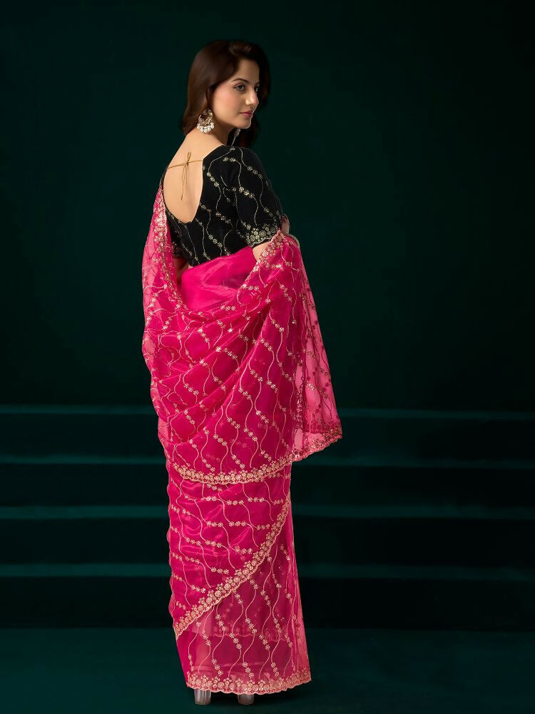 Rani Pink Net Party Saree with Black Velvet Blouse