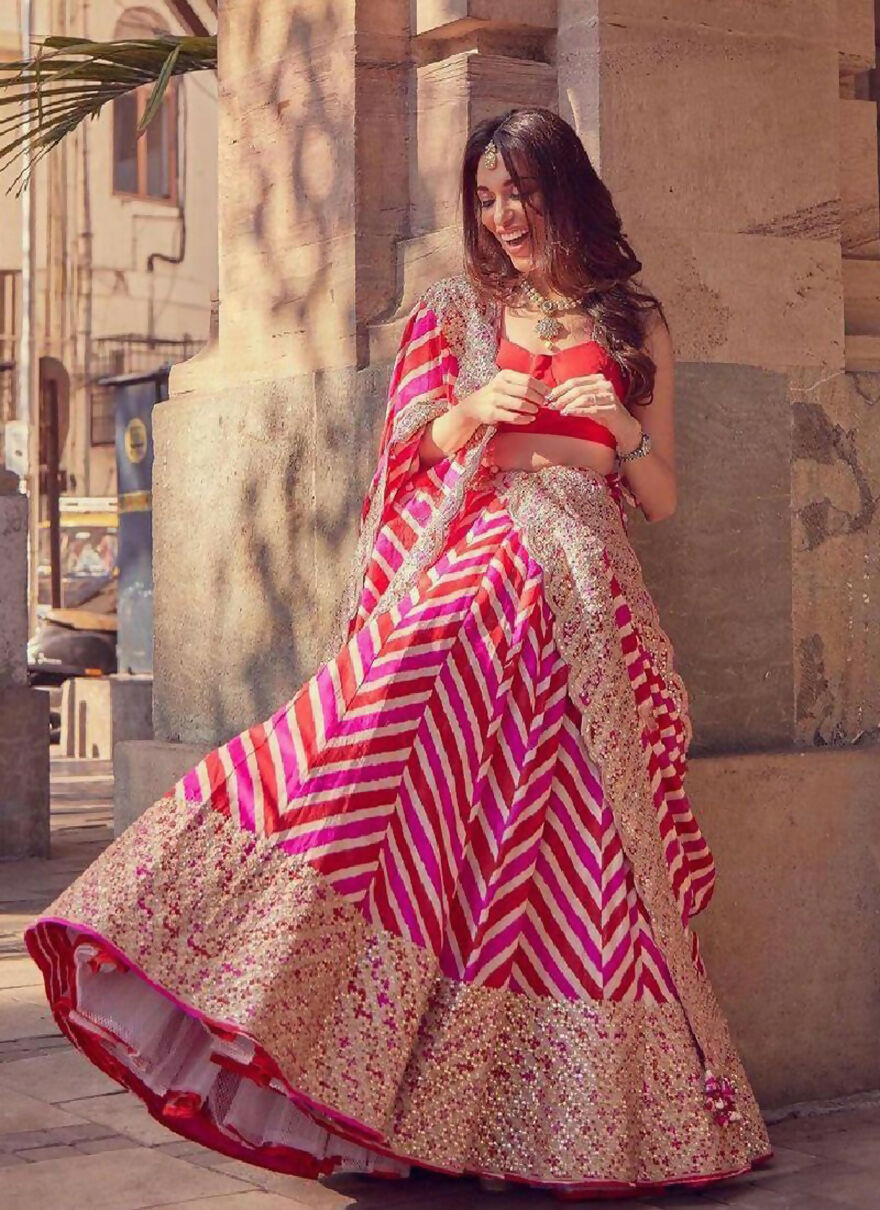 Red and pink digital print georgette lehenga with sequin and dori embroidery