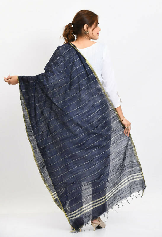 Navy Blue Cotton Zari Box Pattern Dupatta