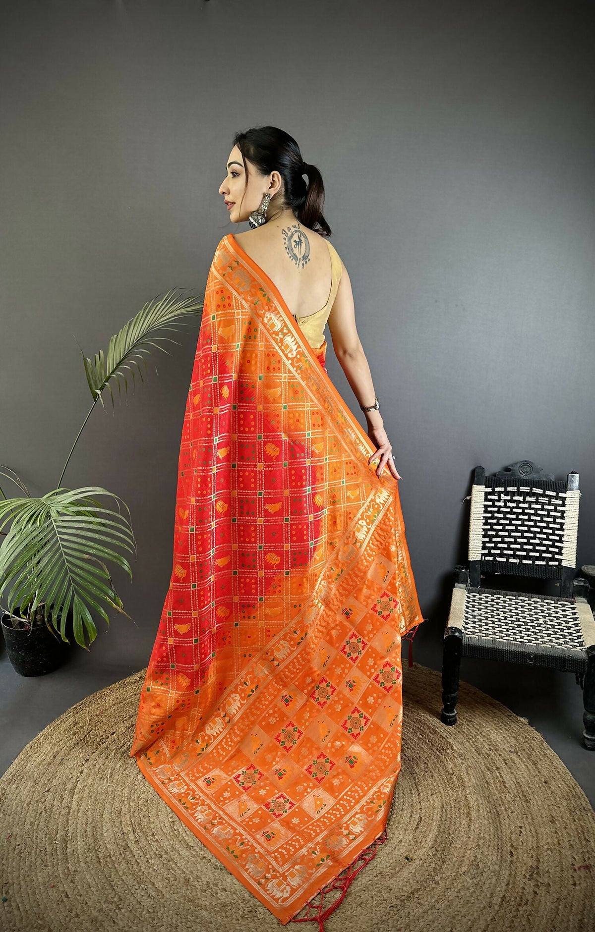 Orange Soft Silk Patola Saree with Geometric Pattern & Blouse
