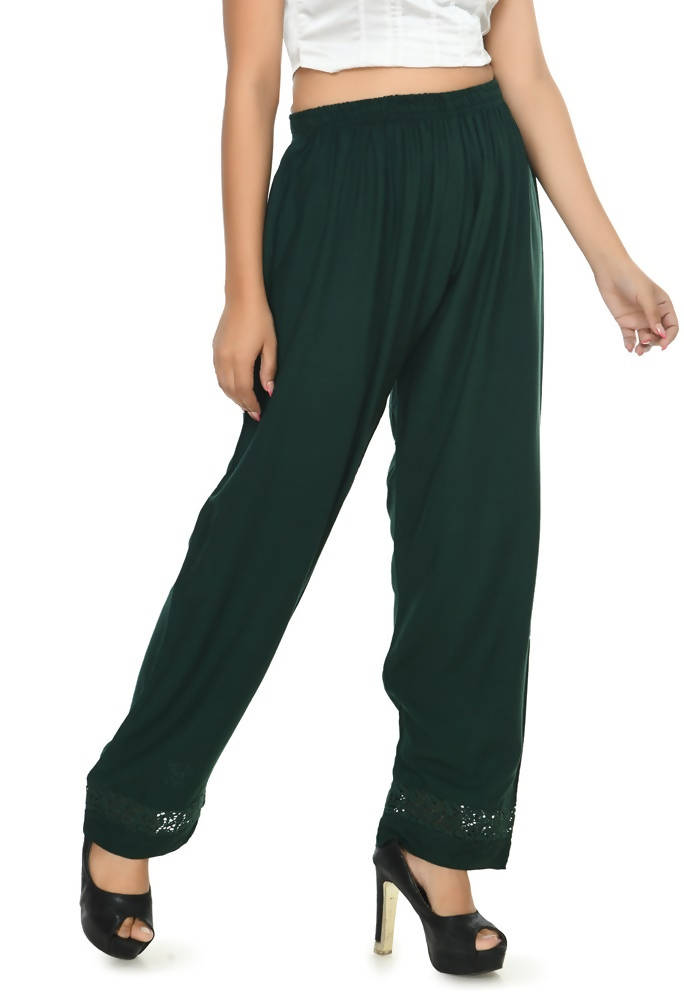 Bottle Green Straight Palazzo Pants in Rayon Cotton Blend
