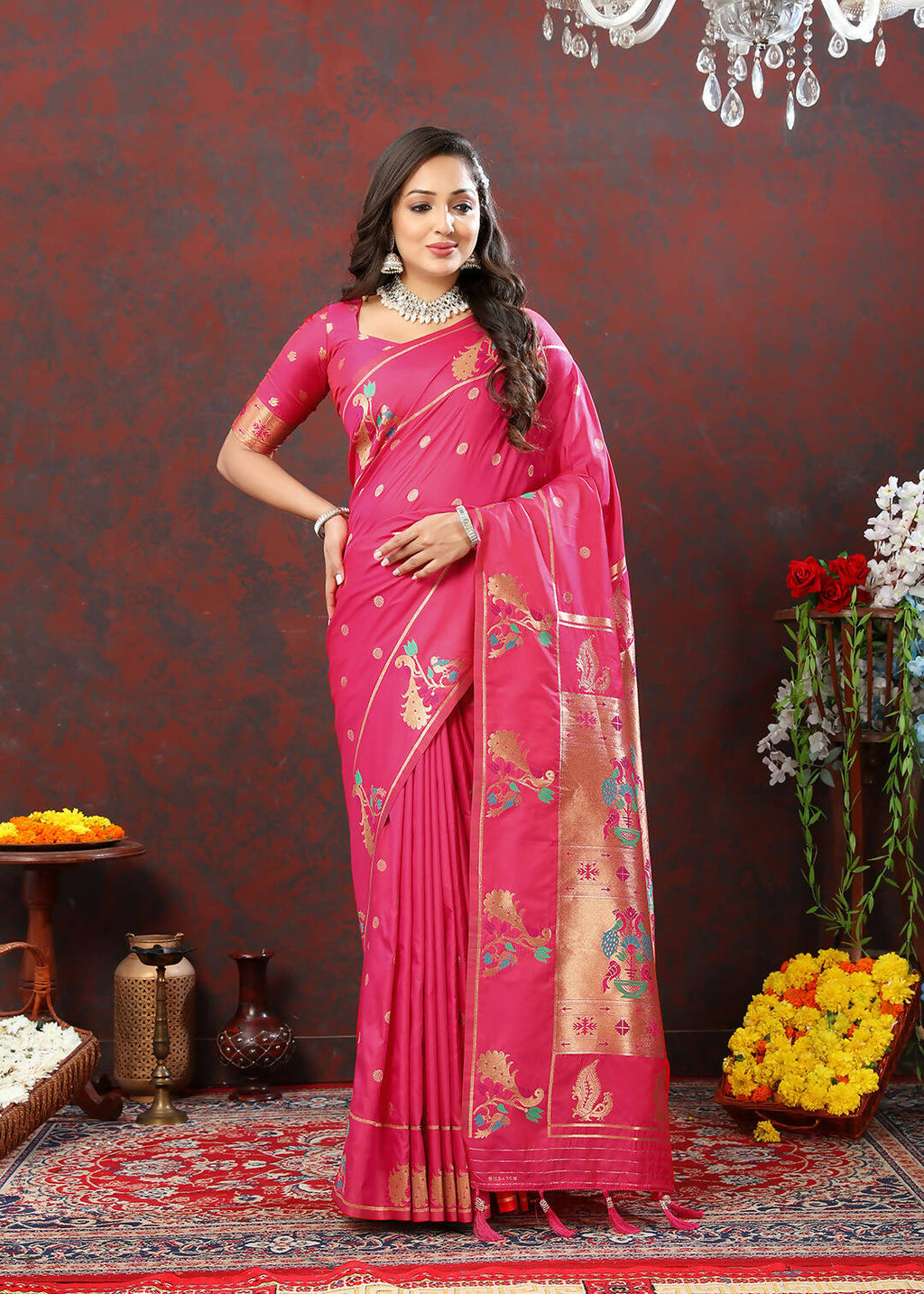 Pink Soft Paithani Silk Saree with copper zari Meenakari weaving