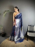 Navy blue checked soft silk Kanjivaram saree with matching blouse