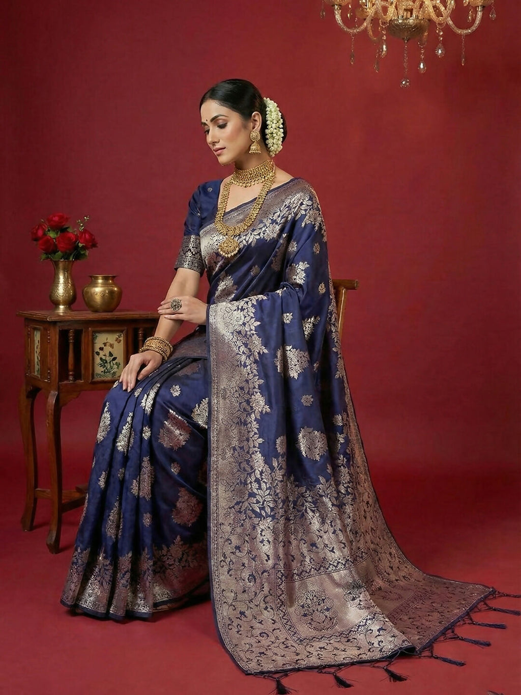 Navy Blue Silk Blend Saree for Formal Occasions