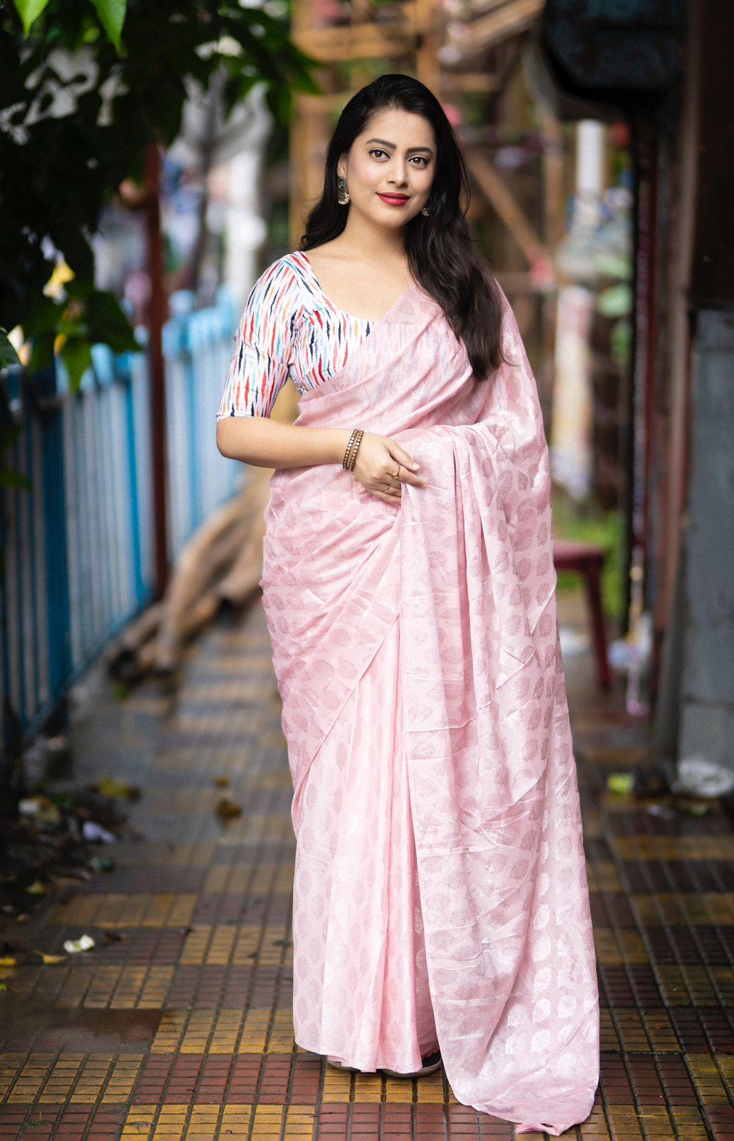 Pink Poly Crepe Ethnic Motifs Saree with Unstitched Blouse - Hiral Fashion