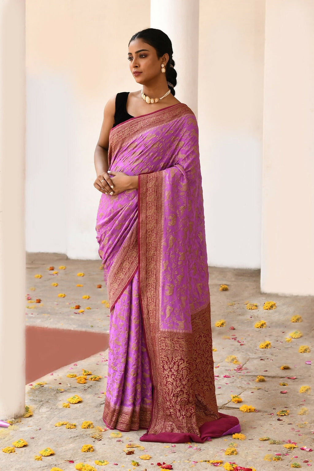 Hot Pink Crepe Chiffon Banarasi handloom saree with elegant drape