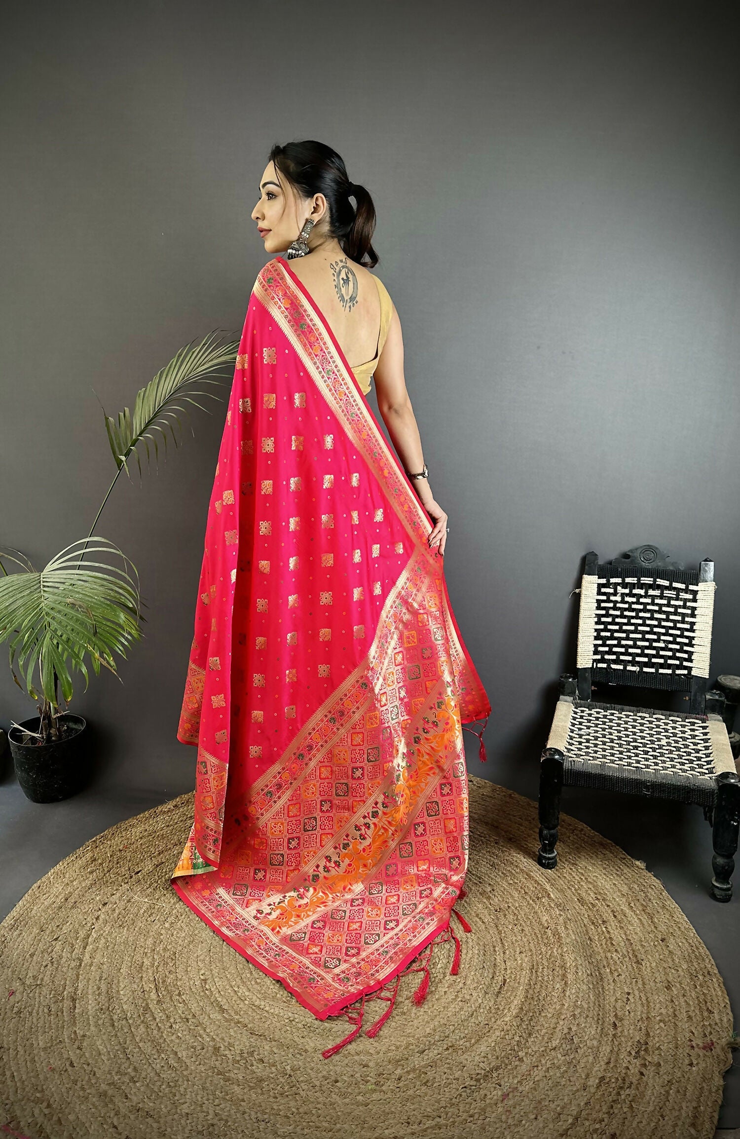 Coral Pink Geometric Pattern Soft Silk Patola Saree with Blouse