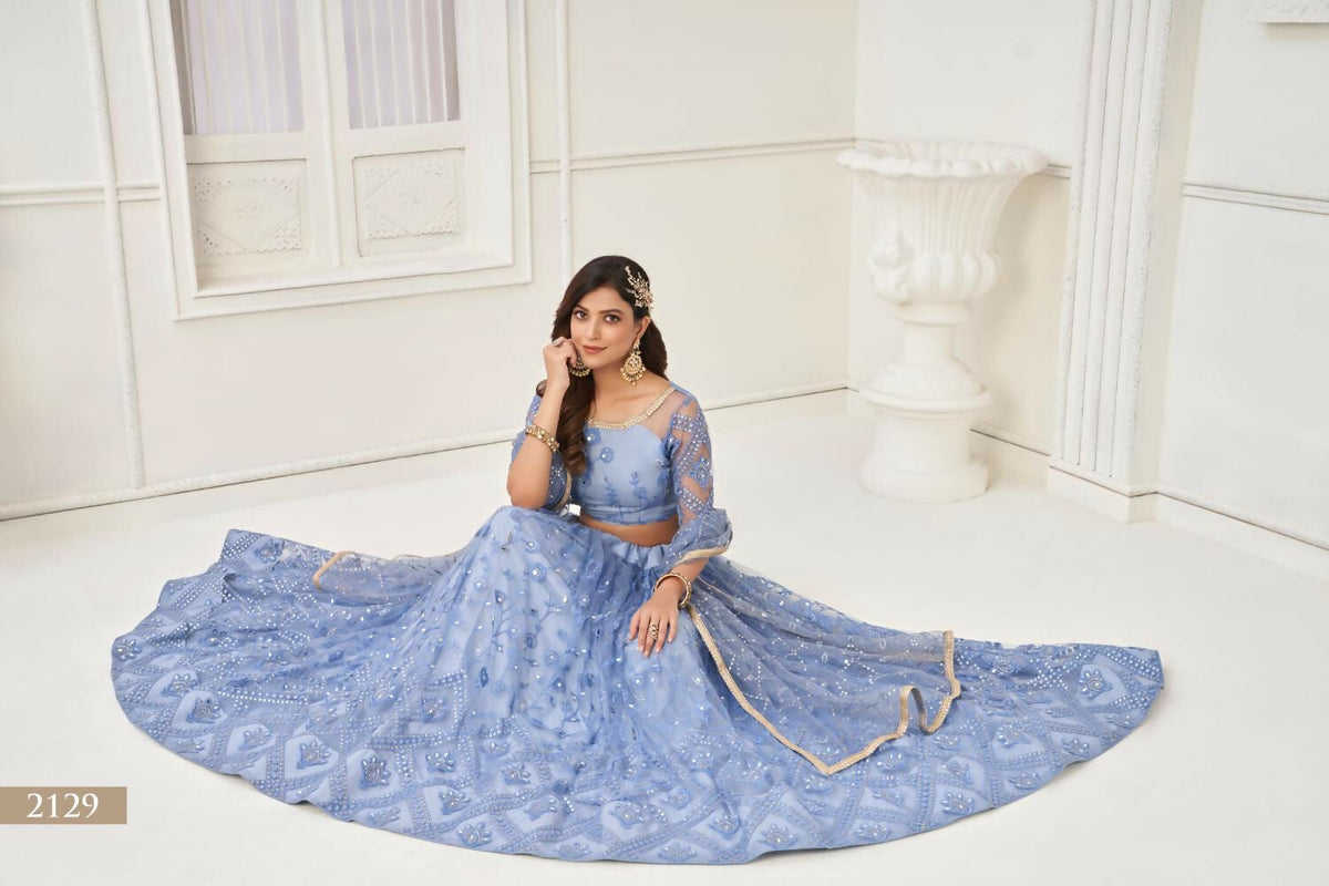 Neon Blue Butterfly Net Lehenga with Mirror Handwork and Sequence