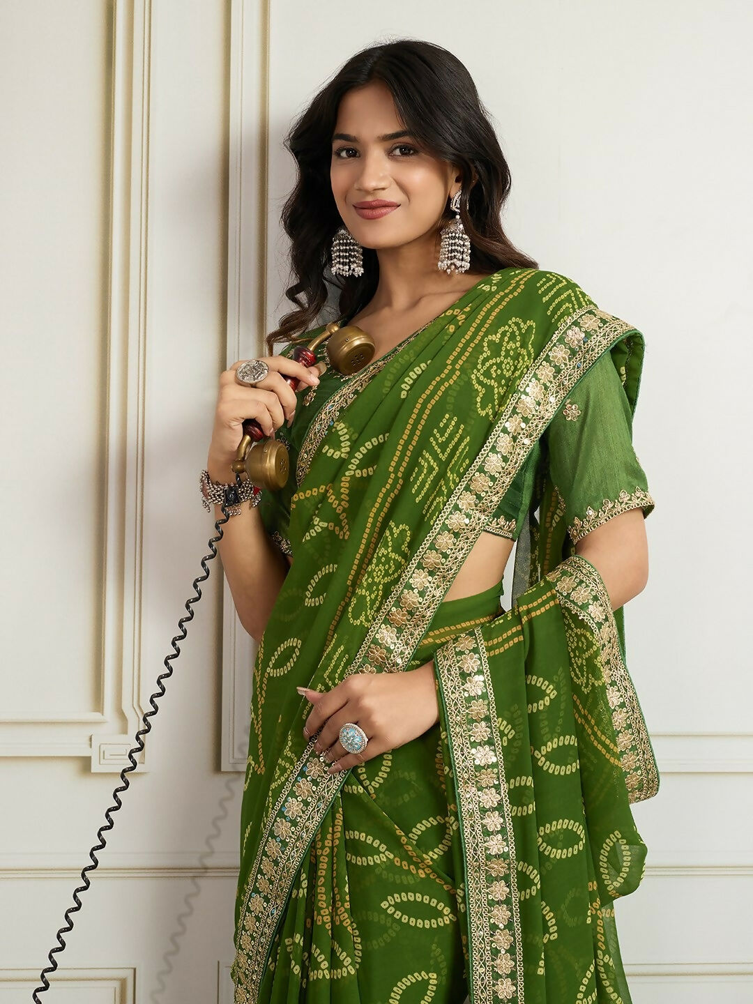 Green Georgette Rajwadi Bandhani Print Party Wear Saree