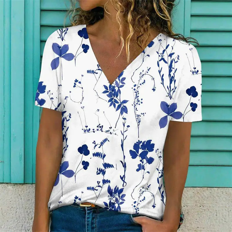 Women's V-Neck Casual Floral Print Short Sleeve T-Shirt - Image 33