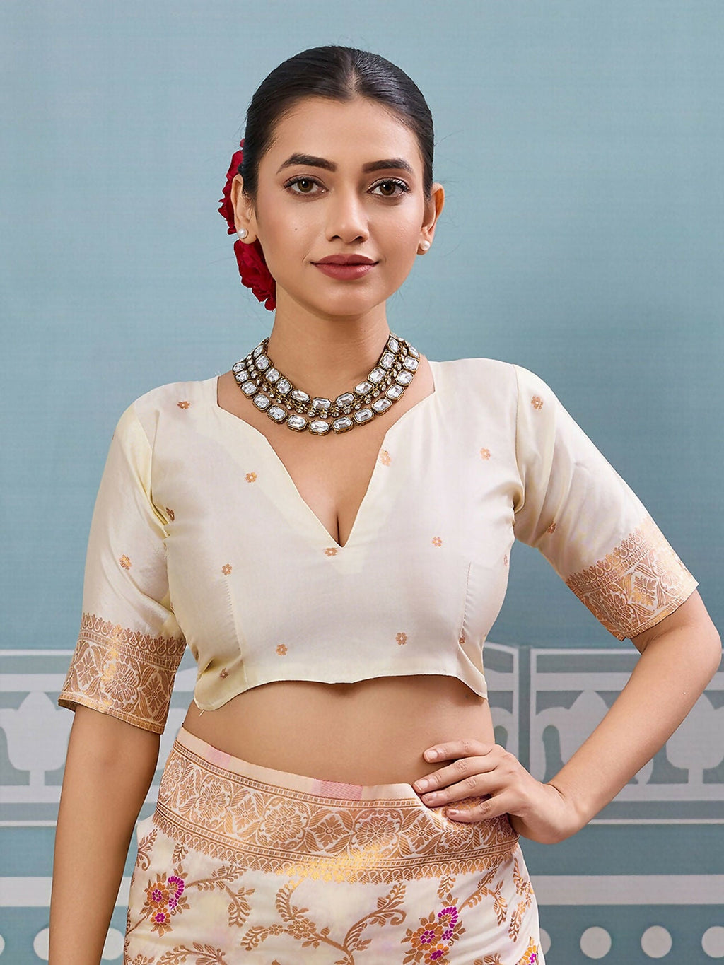 Cream Silk Saree with Matching Blouse - Minimalist Ethnic Elegance