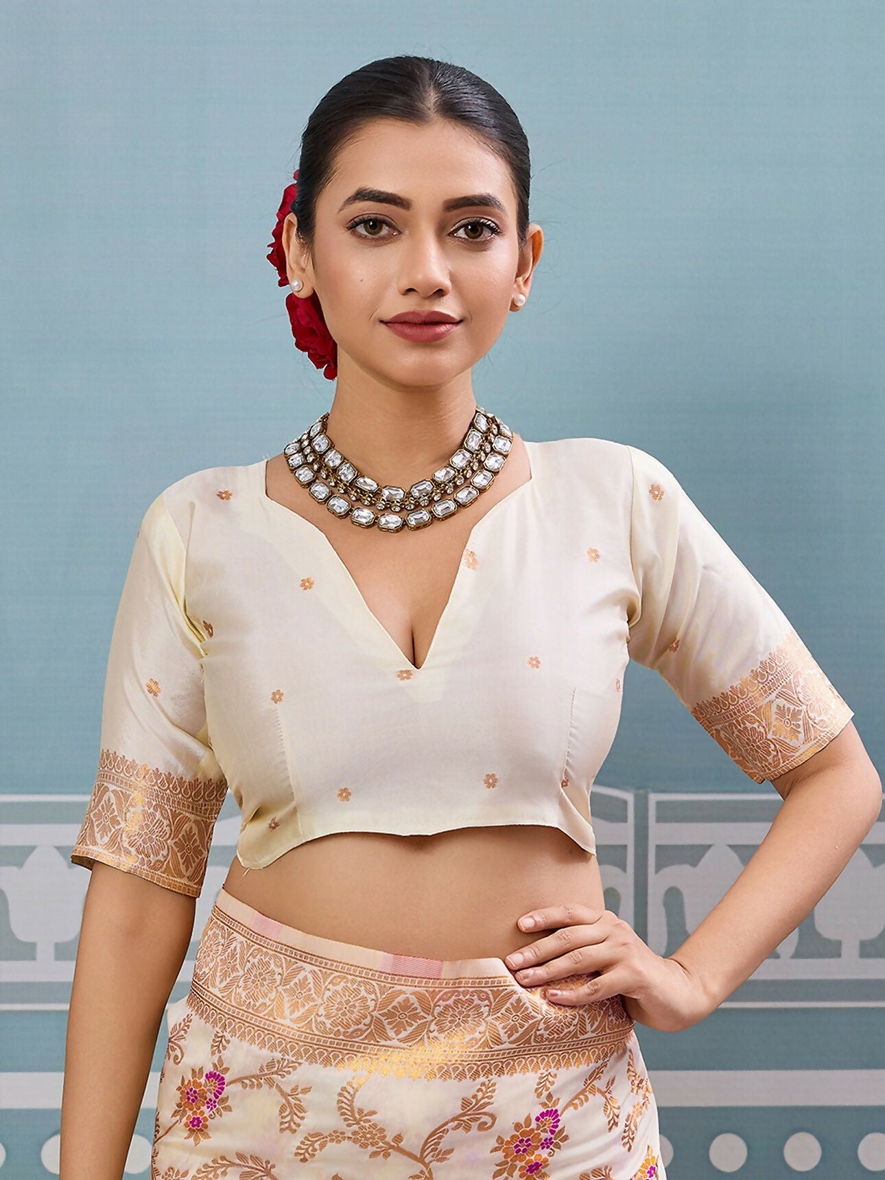 Cream Silk Saree with Matching Blouse - Minimalist Ethnic Elegance