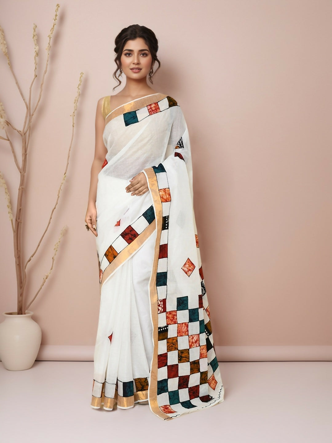 Multicolor cotton saree with detailed applic work