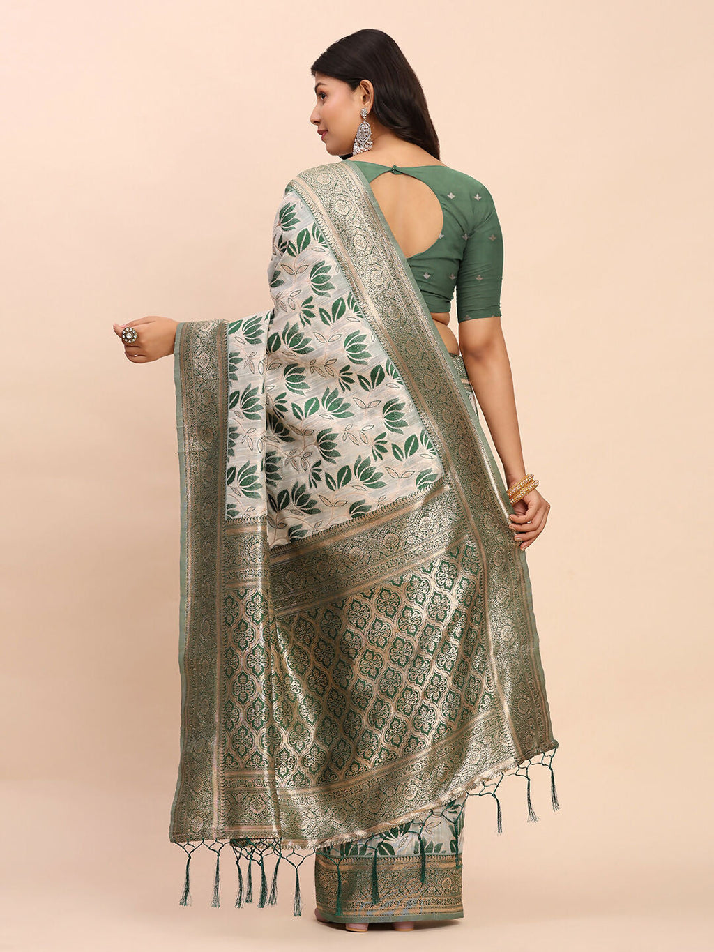 Green Linen Cotton Saree with Matching Blouse Piece