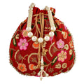 Elegant red synthetic silk wedding potli bag for ethnic festive wear