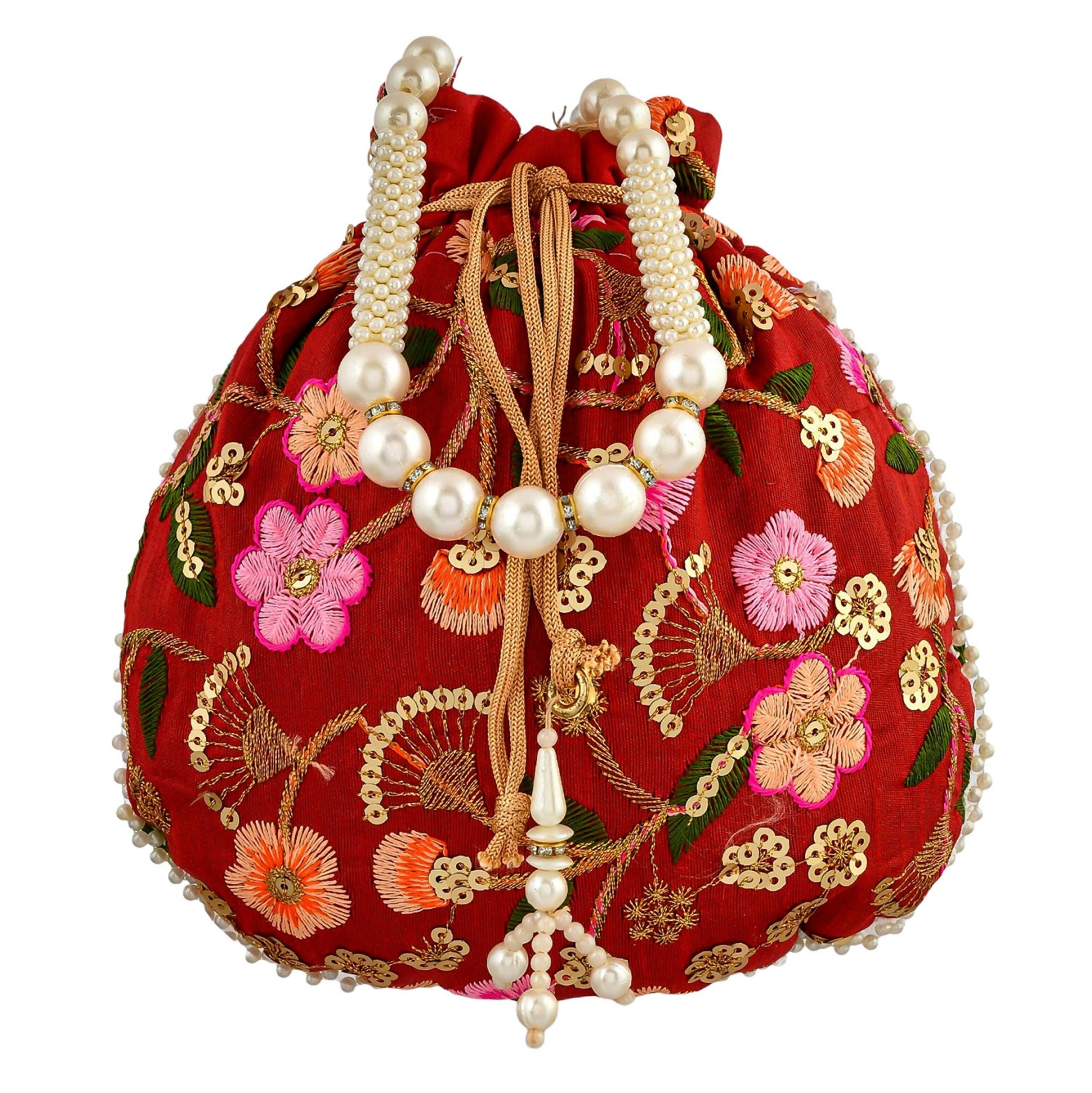 Elegant red synthetic silk wedding potli bag for ethnic festive wear