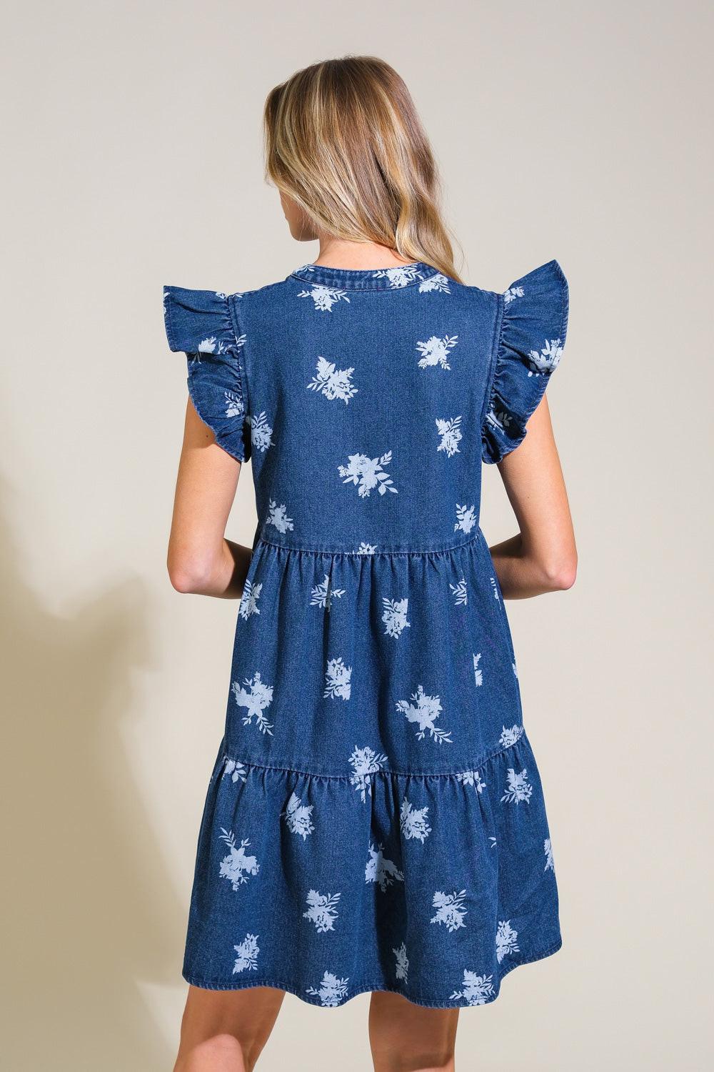 Floral Printed Denim Mini Dress with Ruffle Sleeves - Image 2
