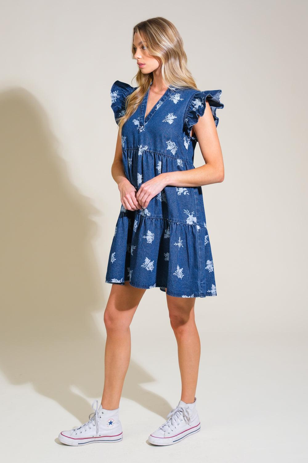 Floral Printed Denim Mini Dress with Ruffle Sleeves - Image 5