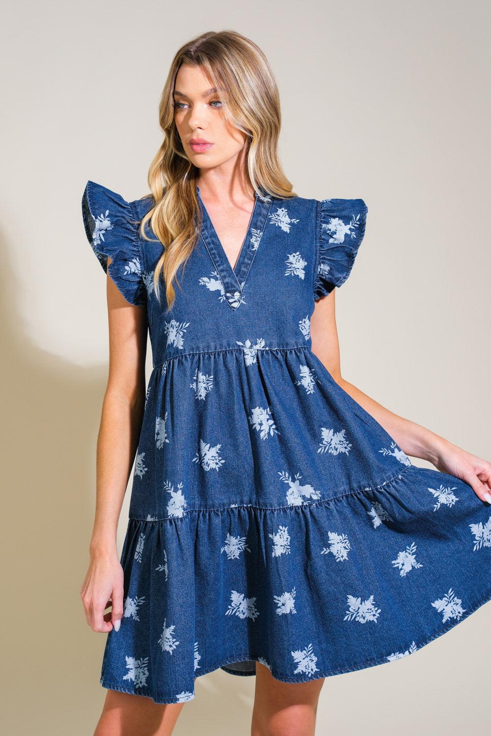 Floral Printed Denim Mini Dress with Ruffle Sleeves - Image 3
