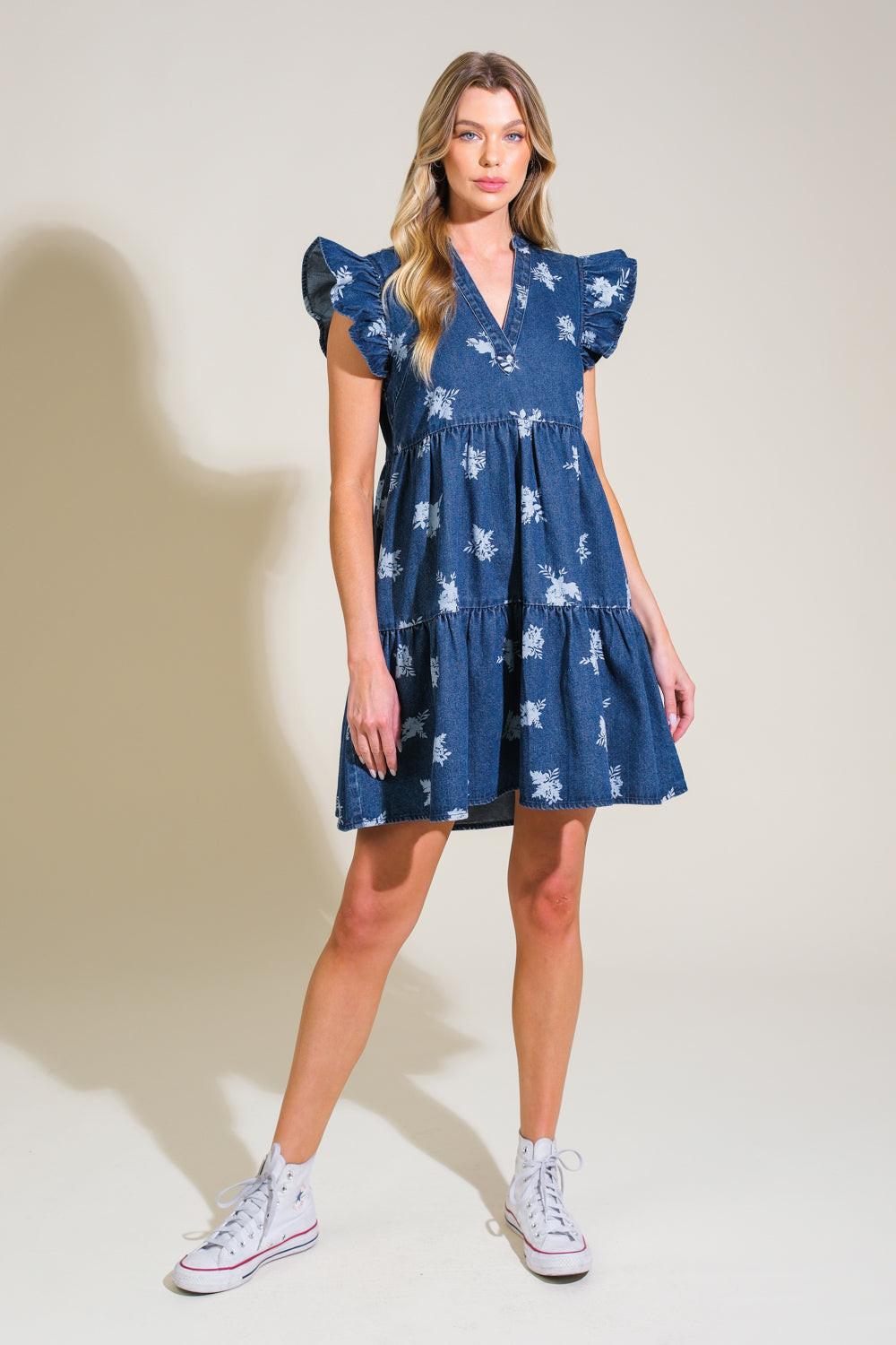 Floral Printed Denim Mini Dress with Ruffle Sleeves - Image 6