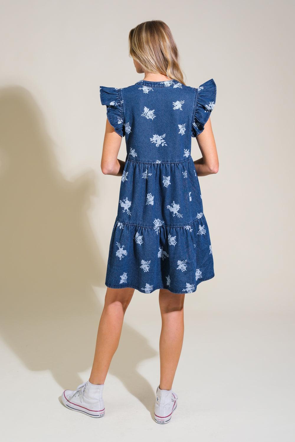 Floral Printed Denim Mini Dress with Ruffle Sleeves - Image 4