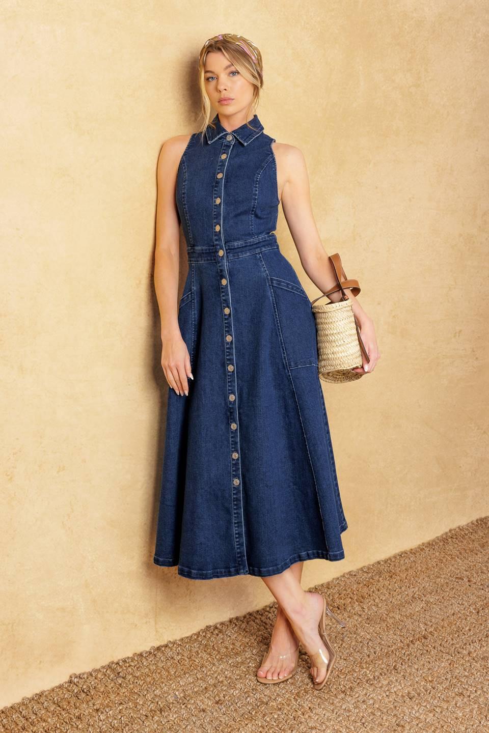 Dark Wash Denim Sleeveless Button Down Midi Dress - Image 5
