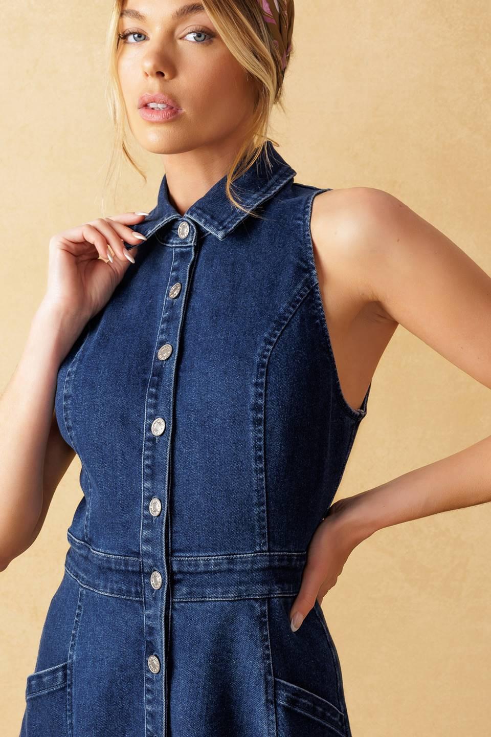 Dark Wash Denim Sleeveless Button Down Midi Dress - Image 4