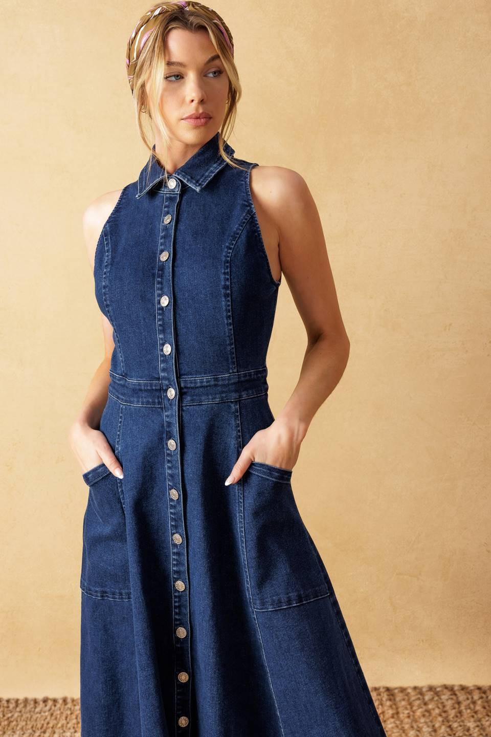 Dark Wash Denim Sleeveless Button Down Midi Dress - Image 8