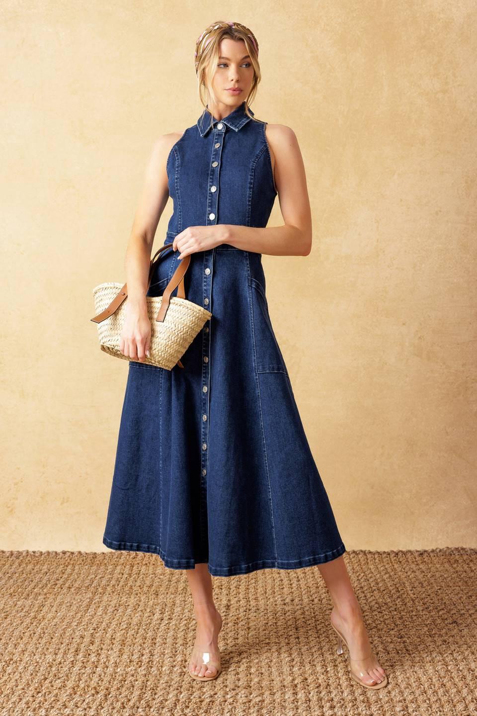 Dark Wash Denim Sleeveless Button Down Midi Dress - Image 3