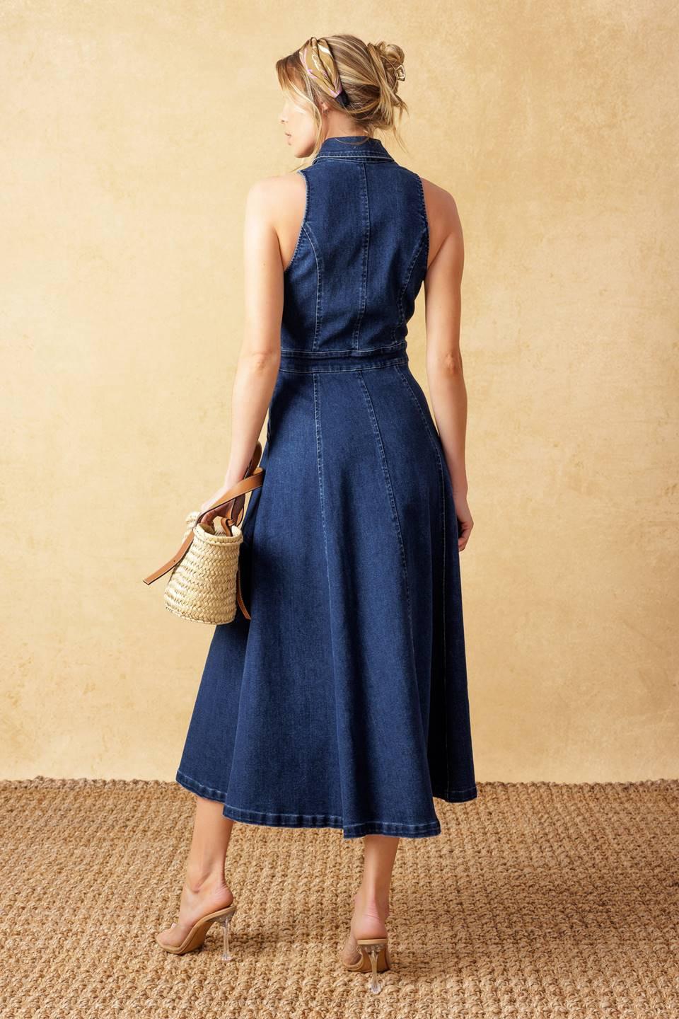 Dark Wash Denim Sleeveless Button Down Midi Dress - Image 2