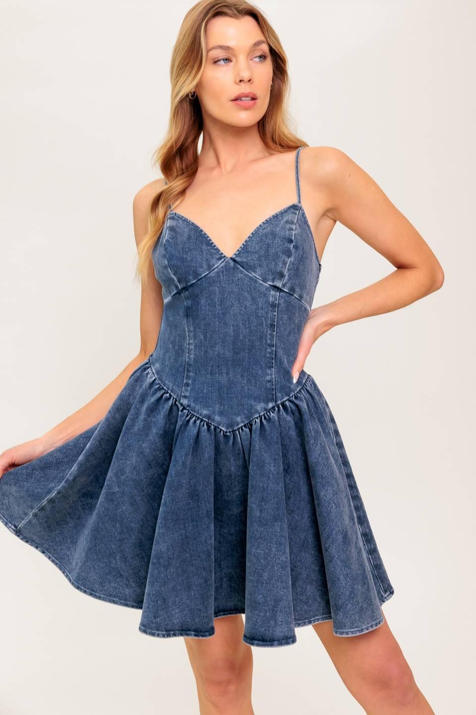 Washed Denim Cami Mini Dress with Basque Waist and Low Back - Image 3